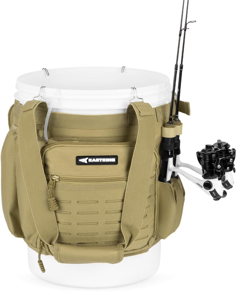 KastKing Karryall Fishing Bucket Organizer for 5 Gallon Bucket, Ice Fishing Tackle Bag with Adjustable Buckle, Rod & Plier Holder and Multi-Pockets for Fishing Gear & Accessories Storage,Khaki