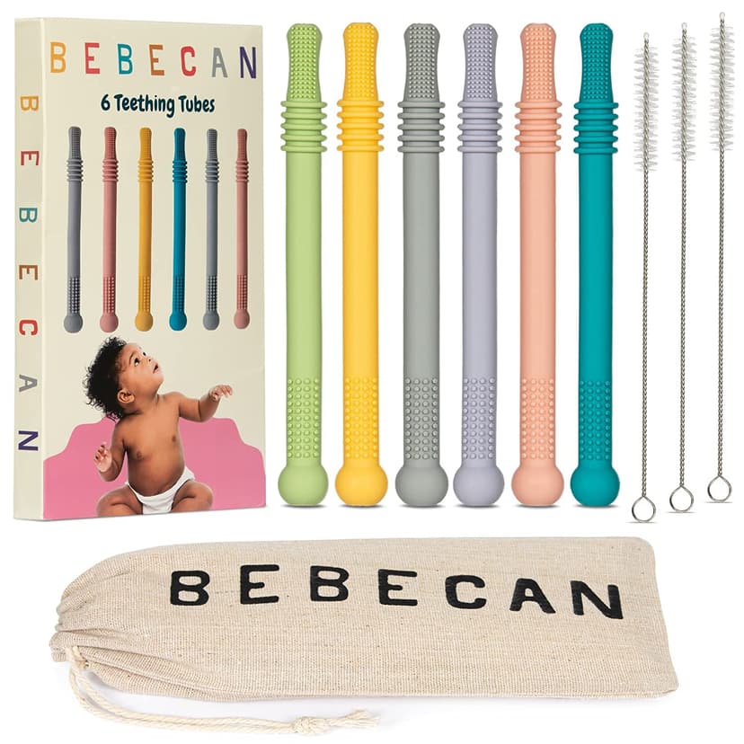 Bebecan Teething Sticks for Babies 36+ Months – Super Soft Silicone Teething Aids, Infant Oral Soothing Relief Back Molars, Multicolor 6-Pack