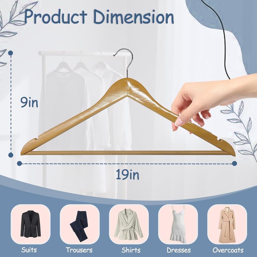 King Mills 19 Inch Plus Size Hangers, Extra Wide Hangers for Plus Size Clothes, Ganchos para Colgar Ropa, Ideal for XL, XXL Shirts, Coats, Dresses, Etc. Wood. Natural 20pk
