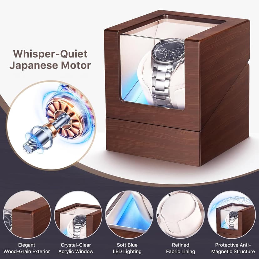 BEKESIN Watch Winder for Automatic Watches, Ultra Quiet Japanese Motor (<5 db), Premium Self Winding Rotating Wooden Watch Case with Soft Blue Ambient Light, Gifts for Him/Her/Dad