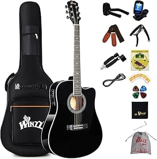 Winzz Acoustic-Electric Guitar 4/4 Full Size for Adults Beginners and Teens, 6 Steel-String Acustica Guitarra Starter Kit, 4-Band Equaliser, 41" Dreadnought Cutaway, Glossy Black, Right Hand