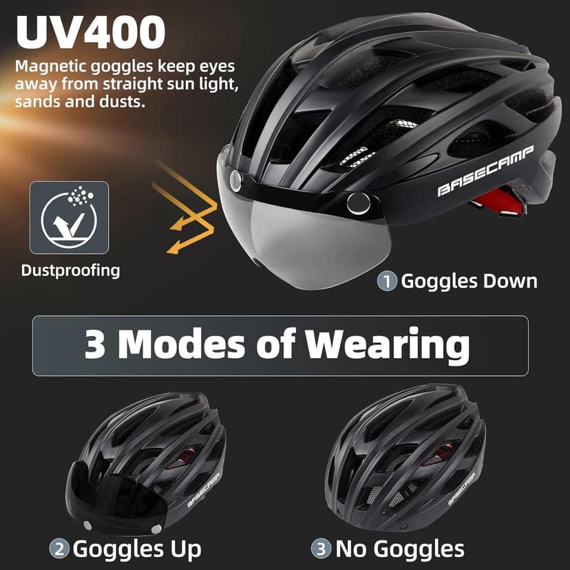 Bike Helmet, Basecamp Bicycle Helmet with Rear Light & Detachable Magnetic Goggles Lightweight Cycling Helmet Adjustable for Adult Men Women Mountain & Road (BC-069)