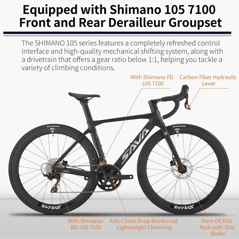 SAVADECK A7L Carbon Road Bike, T800 Carbon Fiber Frame 700C Racing Bicycle with Shimano 105 R7100 24 Speed Groupset and Hydraulic Disc Brake, Ultra-Light Carbon Bike for Man and Women