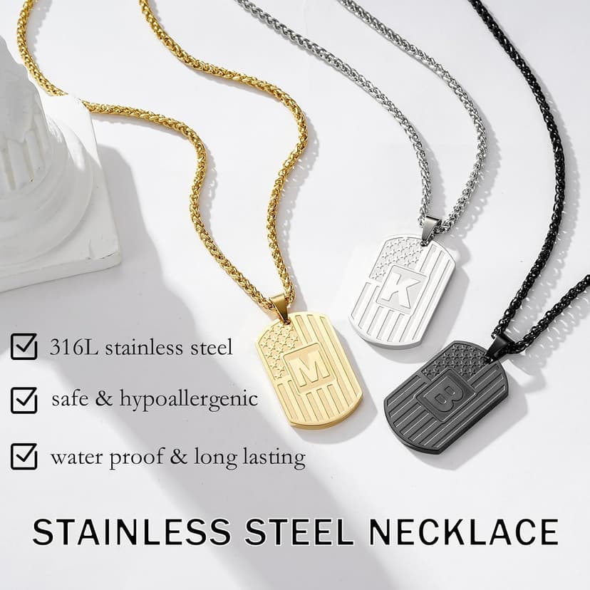 Initial A-Z Letter Necklace for Men Kids Teen Stainless Steel American Flag Dog Tag Pendent Birthday Gifts Gifts for Boys - Initial Necklace for Men Boys Kids Teen Jewelry Gifts B0CW98XXJP