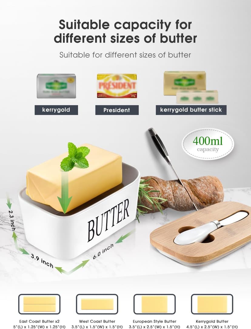 Butter Dish with Lid, Home Decor, Large Butter Dish for Countertop Ceramic Butter Keeper Container with Knife and High-Quality Silicone Sealing Butter Dish Good Kitchen Gift White