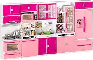 5 in 1 Kids Kitchen Playset Toys with Light & Sound, Doll House Furniture Accessories, 64 PCS Pretend Cooking Food Set, Play Kitchen for Toddlers, Gifts for Girl Ages 3-5 Year Old
