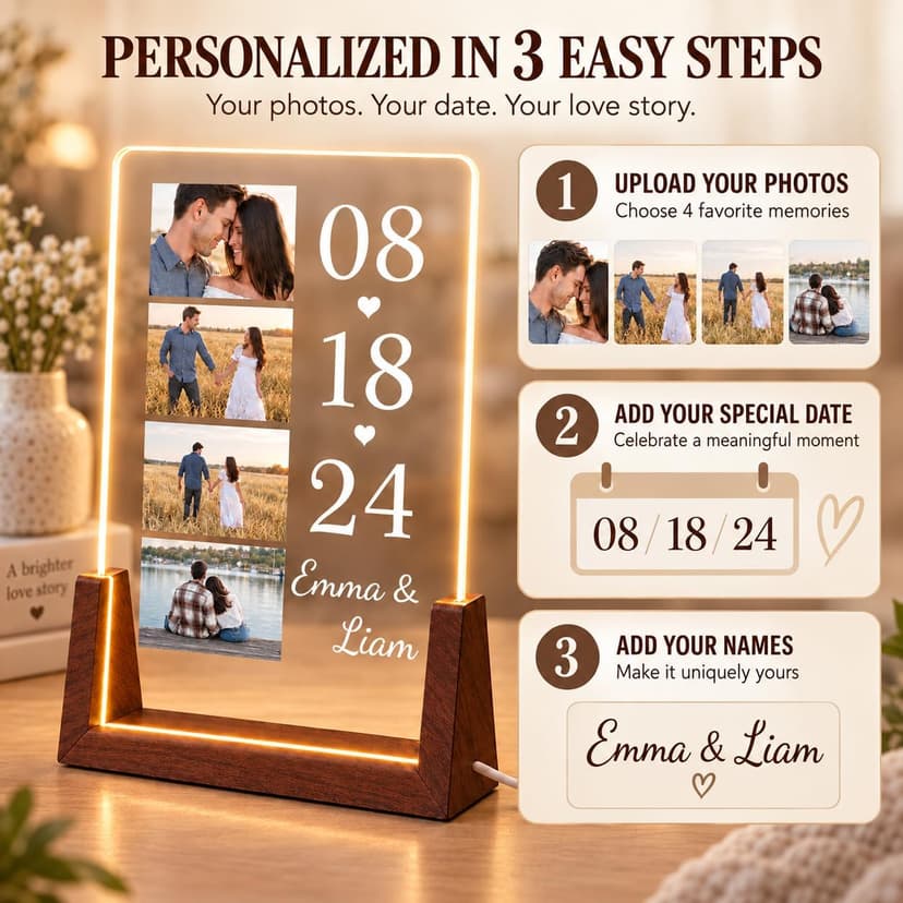 Personalized Couple Gifts, Custom Acrylic Photo Plaque with 4 Photos, Names & Date, Anniversary Keepsake with Wooden Base, Birthday Gifts for Wife, Husband, Girlfriend or Boyfriend B0HJZ6XZV6