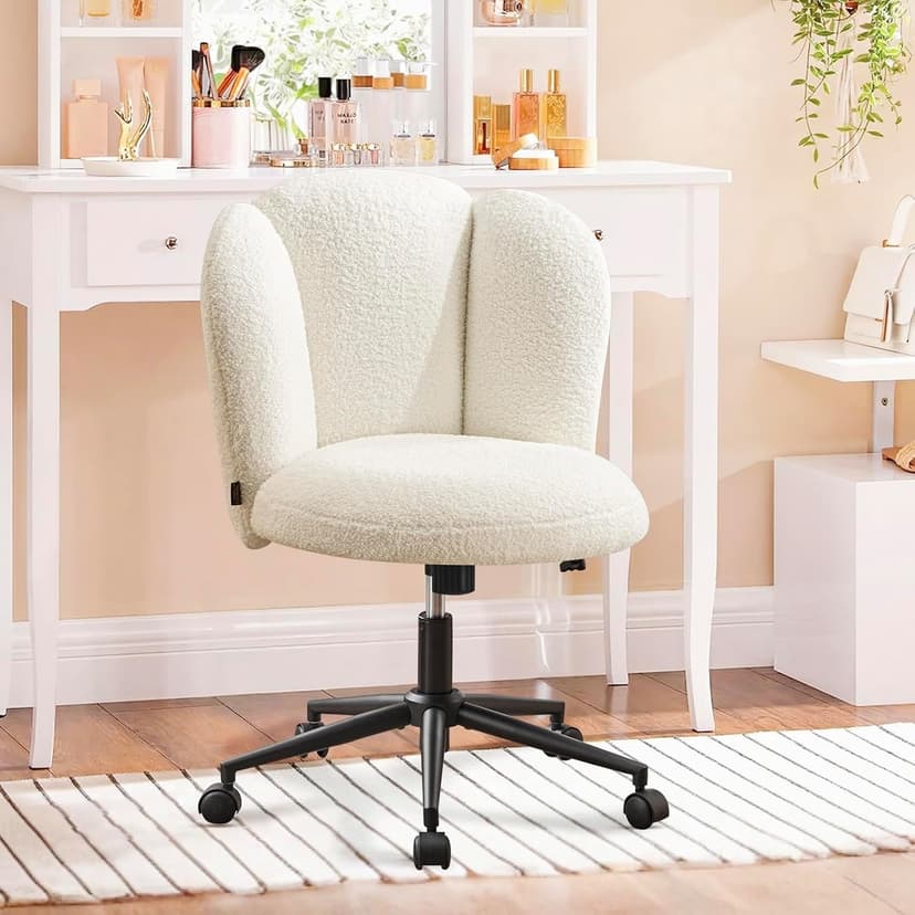 Furniliving Velvet Vanity Chair with Wheels, Adjustable Height Swivel Desk Chair& Lumbar Support, Armless Upholstered Makeup Chair for Bedroom Home Office Study Room (White, Flower)