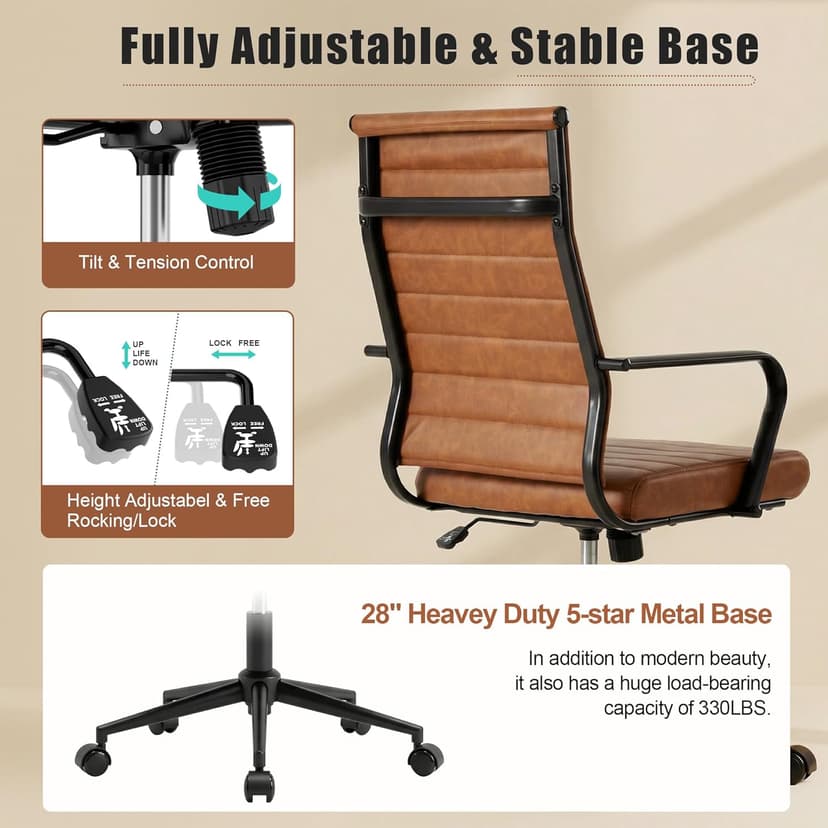 Okeysen Leather Office Desk Chair, Mid-Century Modern Leather Conference Room Chairs, Ergonomic Executive Ribbed Height Adjustable Swivel Rolling Chair for Home Office.