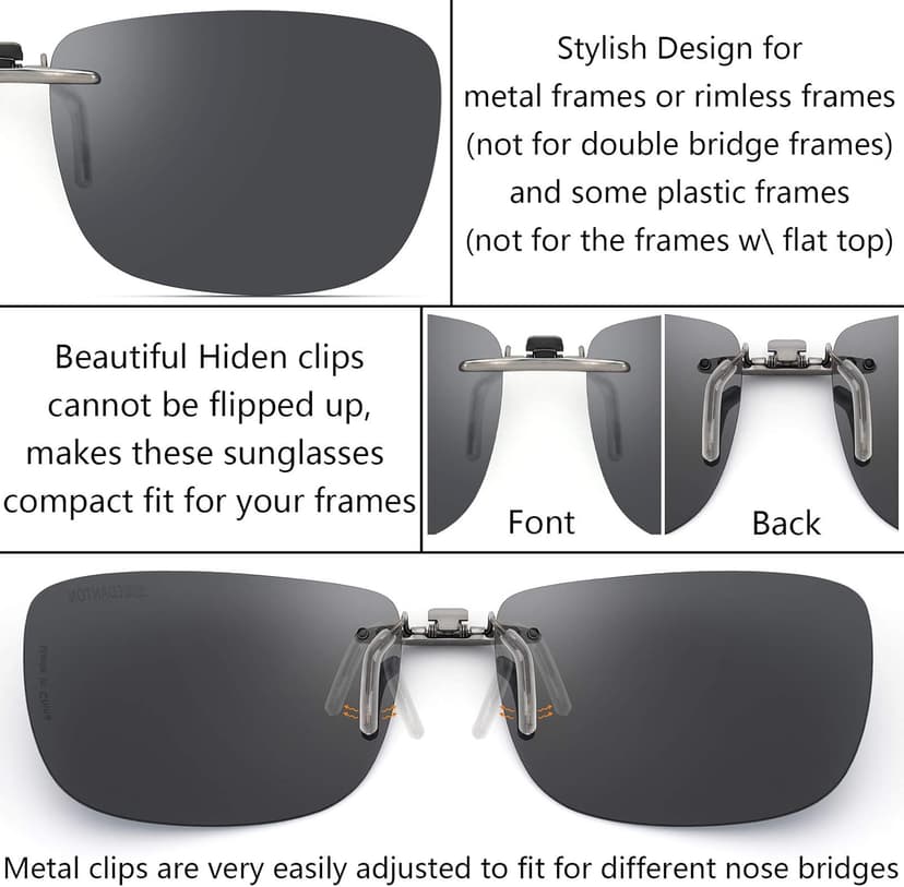 CAXMAN Polarized Clip On Sunglasses Over Prescription Glasses Men Women Compact Fit Non-Flip Up