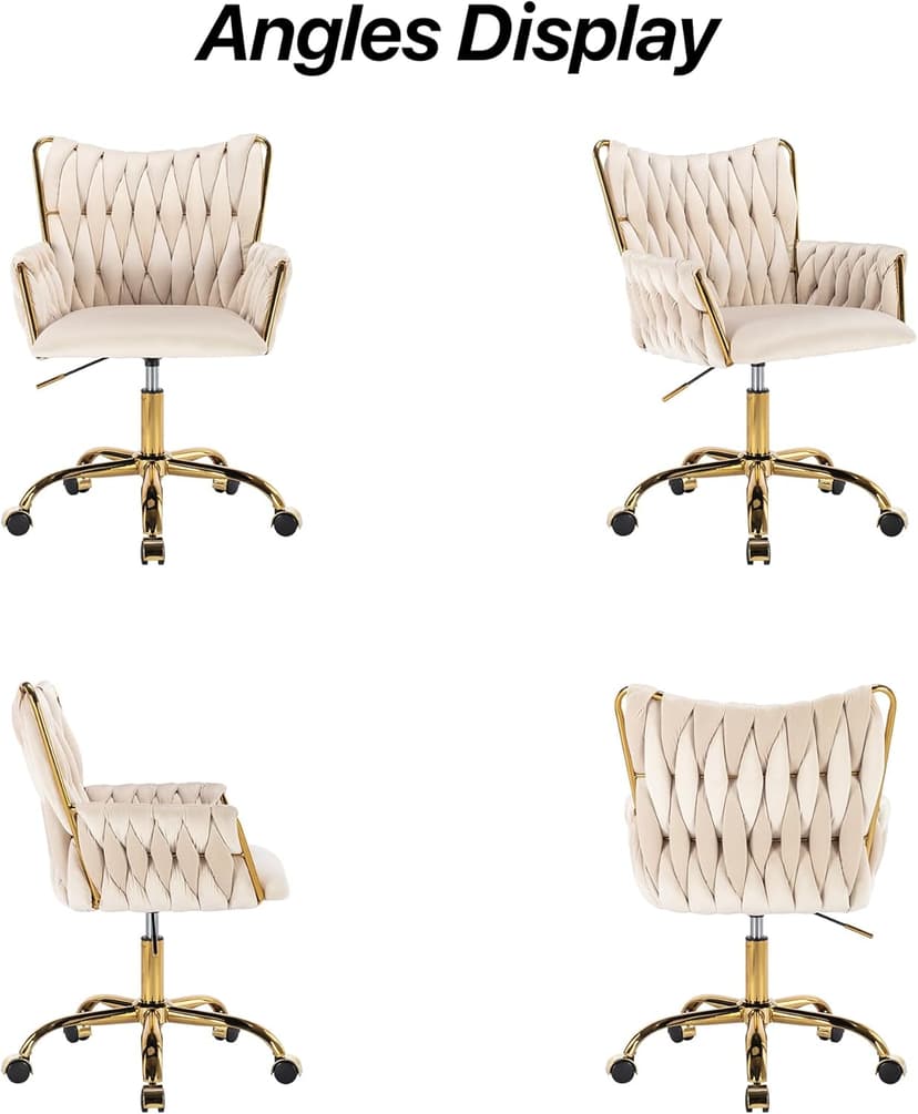 KCC Modern Velvet Home Office Desk Chair with Hand Woven Backrest, Upholstered Adjustable Makeup Vanity Chair with Armrest and Golden Metal Base with Wheels for Living Room Bedroom Study(Beige)