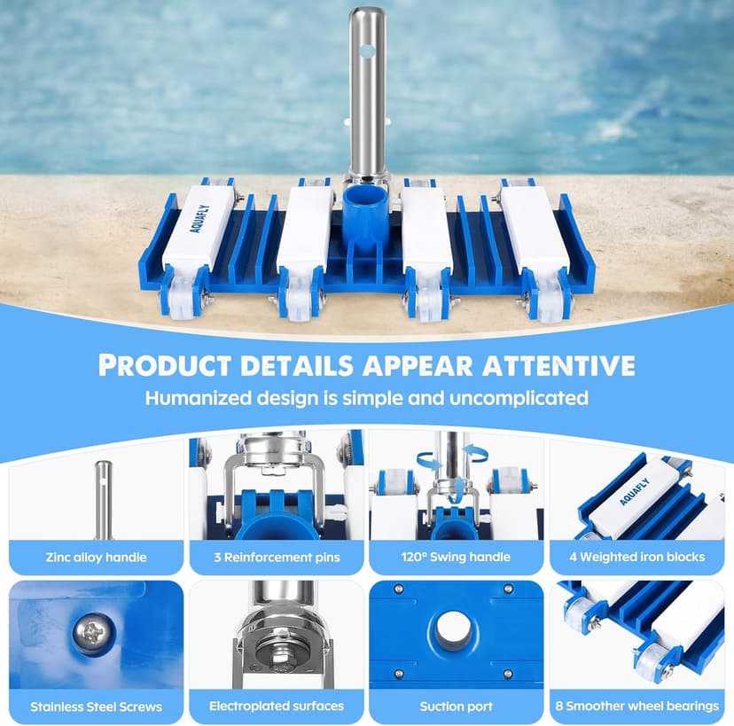 Pool Vacuum Head, Manual Cleaning Vacuum with Wheels 14'' Heavy Duty Handle Pool Vacuum Heads for Inground & Above Pools with Flexible Swivel, Swimming Pool Head for Absorb