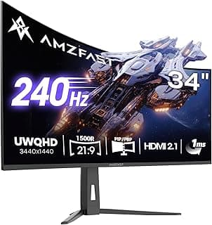 Amzfast 34 Inch Curved Monitor 240Hz UWQHD (3440x1440) Gaming Monitor, 1ms G-SYNC Compatible, 1500R, PIP/PBP, HDR400, 131% sRGB, 96% DCI-P3, Tilt/Swivel/Height Adjustable, TÜV Rheinland, HDMI 2.1