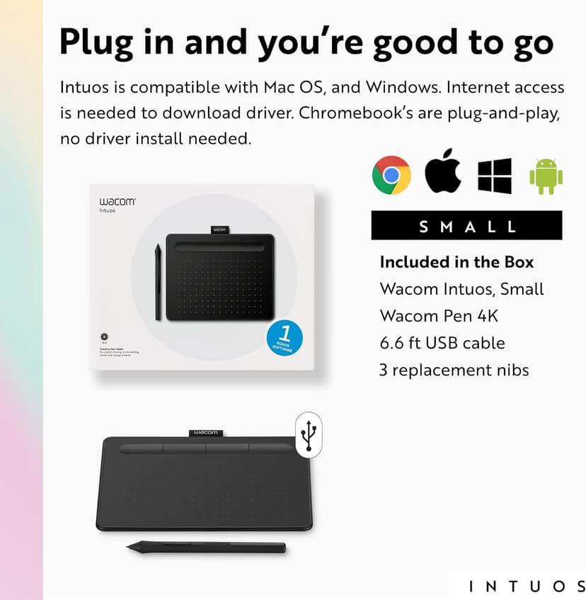 Wacom Intuos Small Graphics Drawing Tablet, Includes Training & Software; 4 Customizable ExpressKeys Compatible with Chromebook Mac Android & Windows, Black