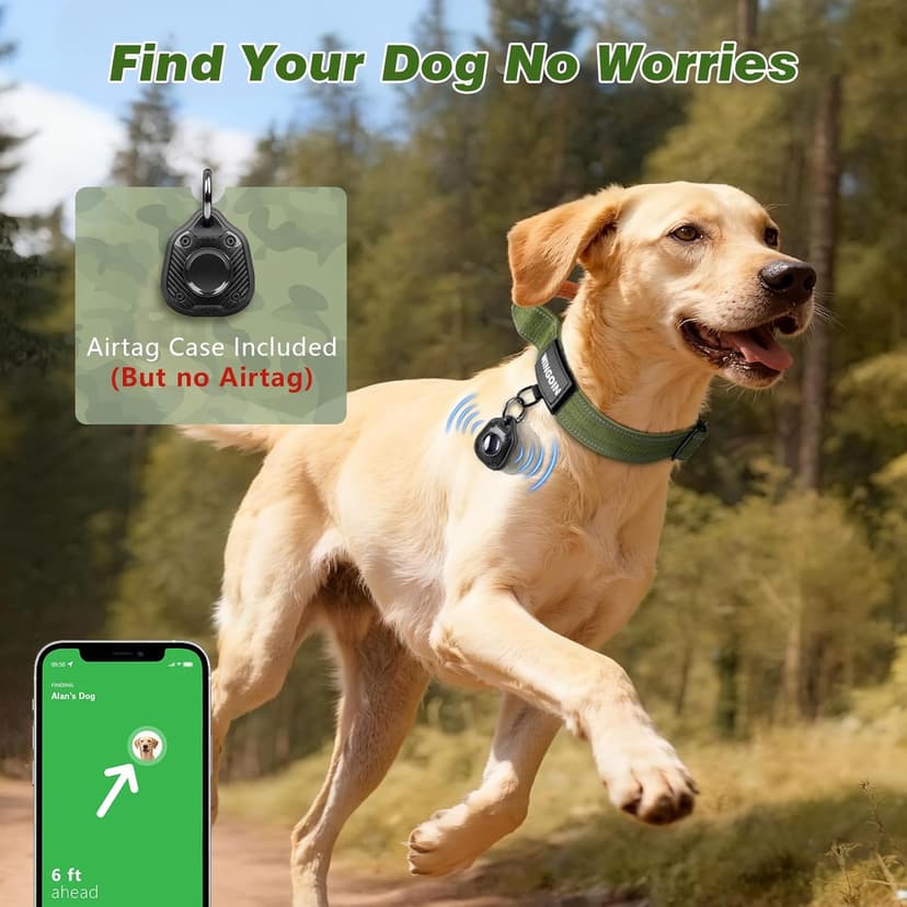 WINGOIN Tactical Dog Collar with AirTag Holder, Heavy Duty Reflective Padded Nylon Collar for Large Dogs, Quick Release Metal Buckle, Dogcollar for Training Walking Hunting, IPX5 Waterproof, Green,L