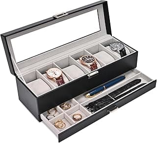 ProCase ProCase Watch Box, 6 Slot Watches Display Case with Drawer, Mens Watch Case with Glass Lid, 2-Layer Mens Jewelry Organizer Storage Holder, Birthday Valentine Gifts for Men -6 Slot, Black