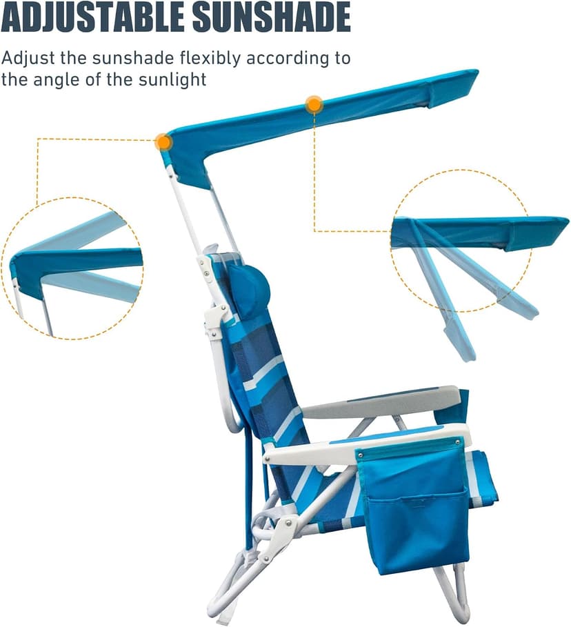 2 Pack Beach Chair with Canopy Shade, 5 Positions Lay Flat Textilene Reclining Beach Chair with Backpack Straps, Cooler Bag & Cup Holder for Outdoor Lawn Camping