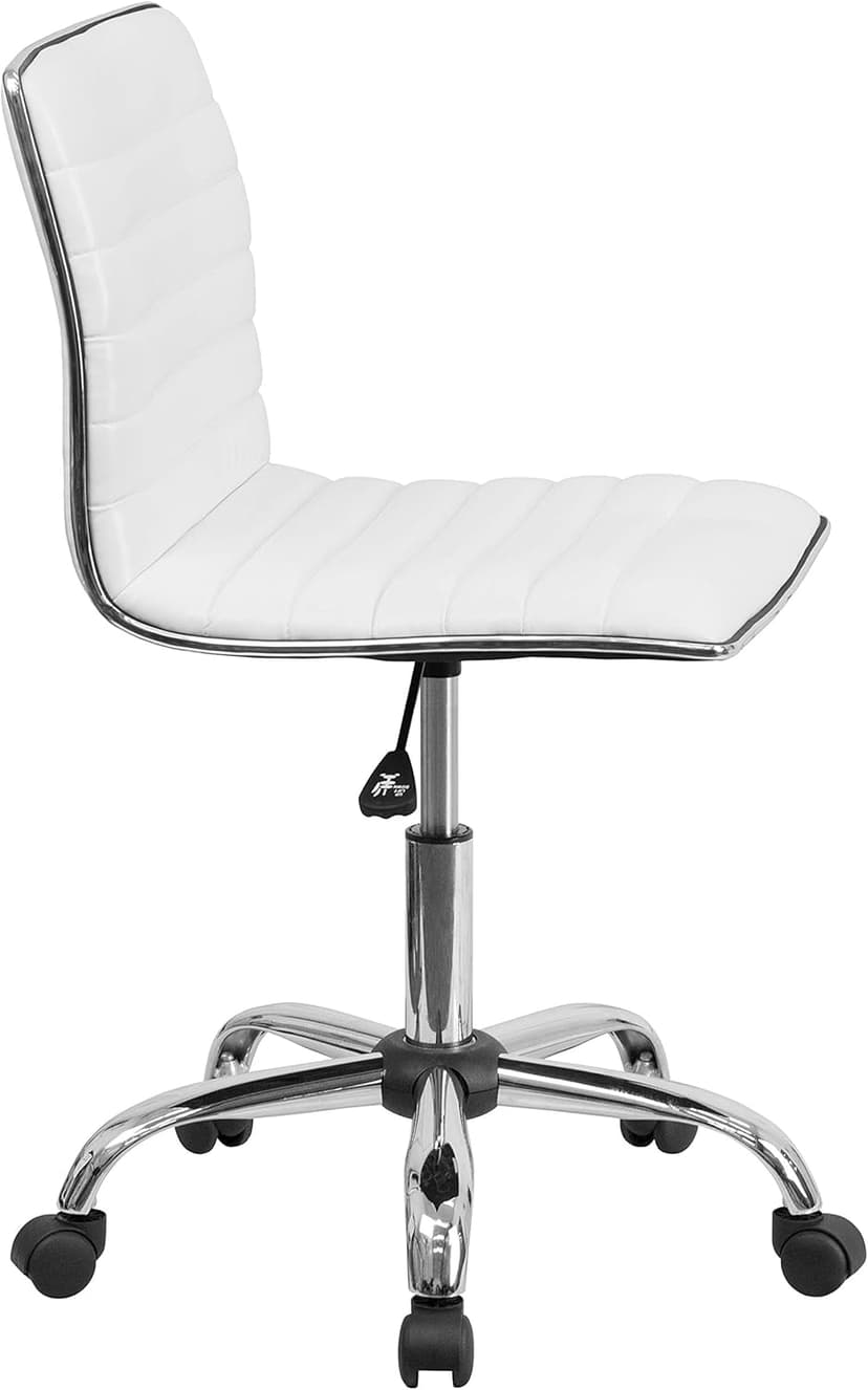Flash Furniture Alan Low-Back Ribbed Upholstered Vinyl Swivel Desk Chair with Padded Seat, Modern Adjustable Height Padded Office Chair, White