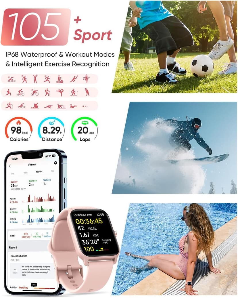 Fitpolo Fitpolo Smart Watch for Women Android & iPhone, Alexa Built-in [1.8" HD Screen] IP68 Waterproof Fitness Watch with Bluetooth Call (Answer/Make), Heart Rate/Sleep/SpO2 Monitor, 105 Sports Trackers