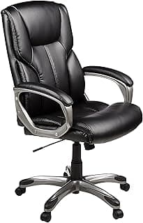 Amazon Basics Executive High Back Office Chair, Adjustable Height, Tilt, Swivel, Padded Seat, Bonded Leather, Wheels, Black/Silver
