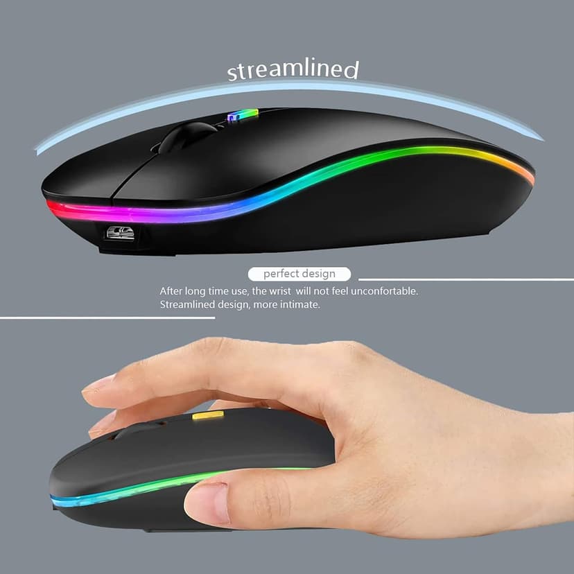 WREANU Wireless Bluetooth Mouse Rechargeable Laptop Mice with LED Lights Silent Slim Use(BT5.2 and 2.4G Portable USB) Dual Mode Computer Mouse for Laptop/iPad/Tablet/Apple/Computer/Mac (Black)