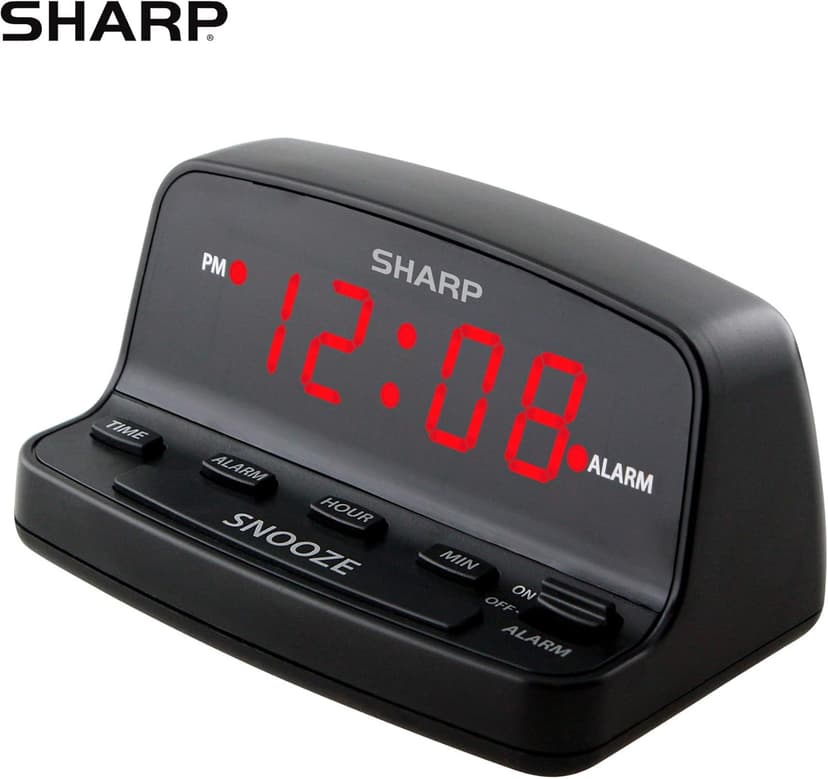 Sharp Digital Alarm Clock with Keyboard Style Controls, Battery Back-up, Easy to Use with Simple Operation, Black Case with Red LED Display