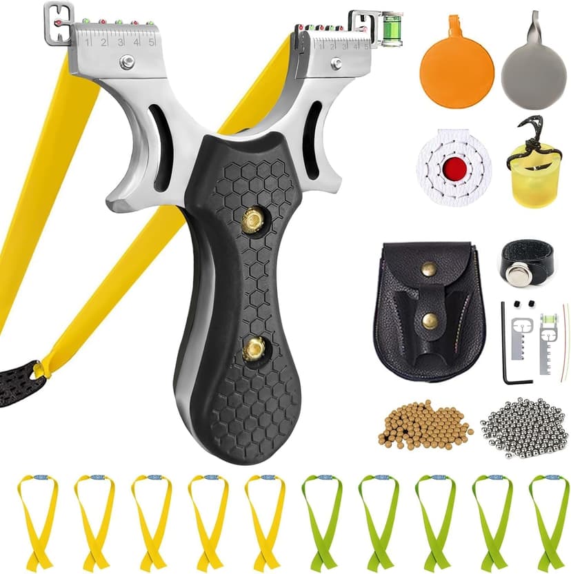 Slingshot, Hunting Sling Shot Set for Adults, Professional Stainless Steel Tactical Slingshots, High Velocity Catapult with Ammo Balls, Rubber Bands, Ammo Pouch, Target