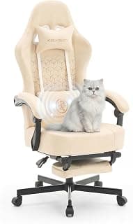 Gaming Chair Breathable Leather with Pocket Spring Cushion, Wide and High Ergonomic Office Chair with Headrest, Computer Gaming Chair with Footrest for Adult and Teen (Beige Leather)
