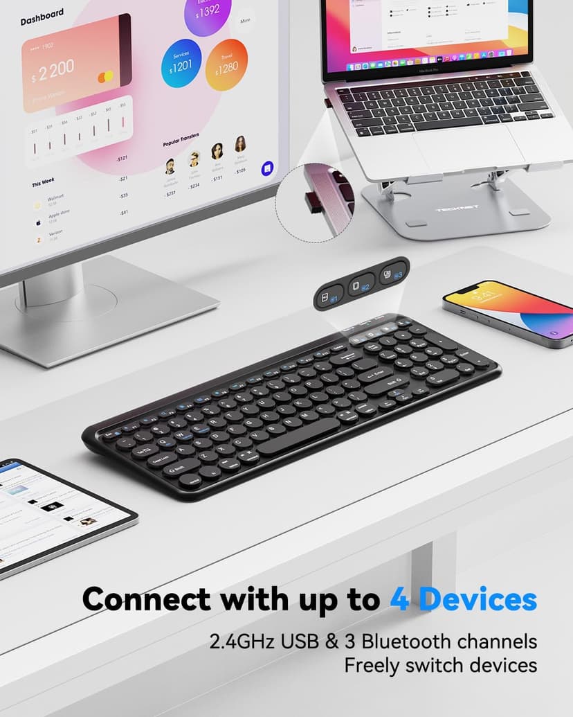 TECKNET Wireless Keyboard Bluetooth & 2.4G USB, Up to 4-Device Connection, USB C Rechargeable Battery, Quiet Typing, Compact Layout, 7° Ergonomic Tilt, Compatible with Windows/Android/iOS, Black