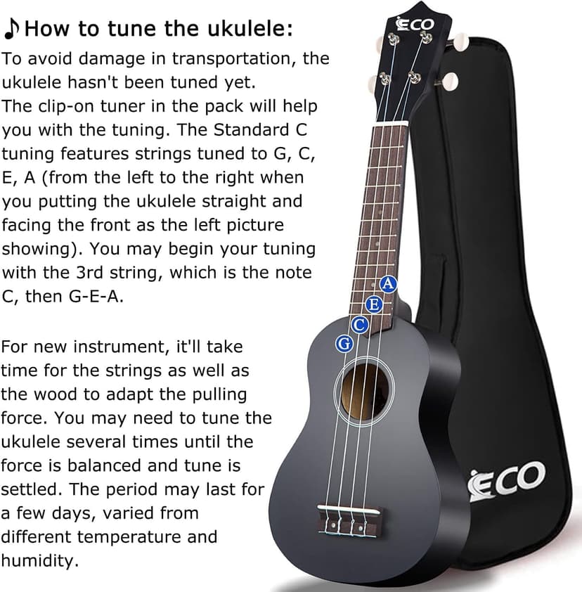 iECO Soprano Ukulele Beginner Kit Adults 21 Inch Ukelele w/Case Strap Tuner Strings Picks (Black)