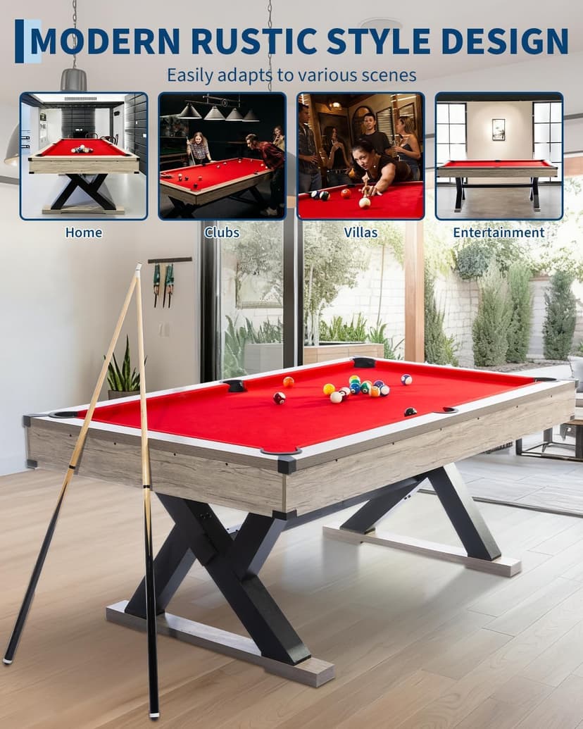 7 FT Pool Table, Complete Set with 2 Cues, 16 Balls, 2 Chalks, Triangle, Brush, K-Leg Construction, Adult Billiard Table for Home, Professional Black Cloth, Rustic Grey Finish, 84 L x 46 W x 32 H Inch