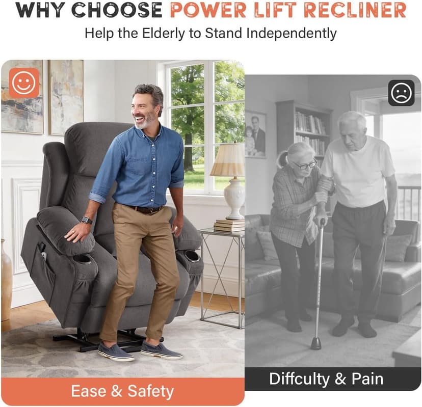 BOSMILLER Power Lift Recliner Chair with Massage and Heat for Elderly, Electric Recliner Single Sofa with Two Cup Holders, Extended Footrest, Side Pocket and USB Charge Port for Living Room