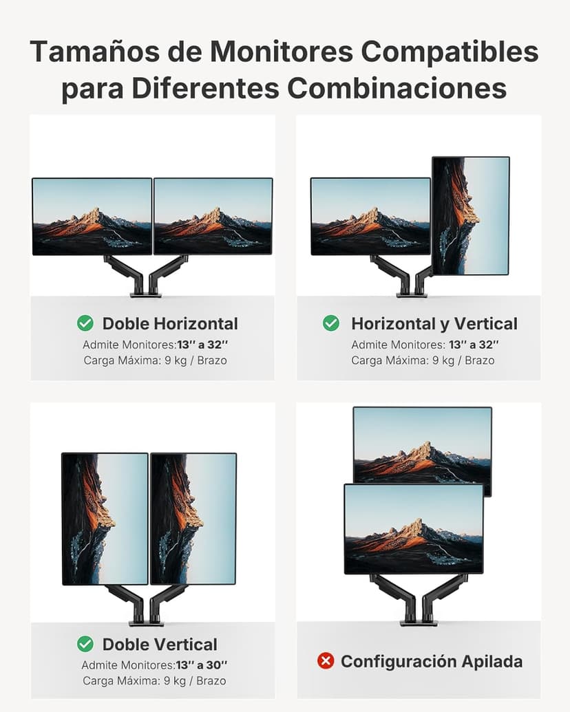 HUANUO FlowLift™ Dual Monitor Stand, Fully Adjustable Gaming Monitor Desk Mount for 13–32″ Computer Screens, Full Motion VESA 75x75/100x100 with C-Clamp & Grommet Base, Each Arm Holds 4.4 to 19.8 lbs