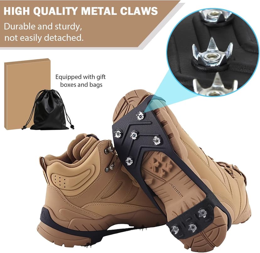 HQcontL 2 Pairs Ice Cleats for Shoes and Boots, Universal Non Slip Hiking Spikes, Micro Shoe Spikes for Snow and Ice, Durable Snow Crampons for Winter Hiking Climbing Ice Fishing, 8 Steel Studs Gripper Spike