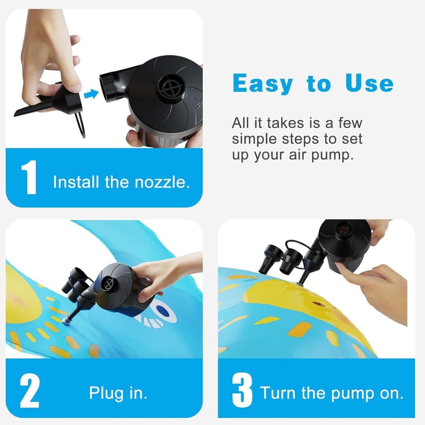 Electric Air Pump for Inflatables,Portable Quick-Fill Air Pump with 3 Nozzles,110-120V, Inflator & Deflator Pumps for Outdoor Camping, Air Mattress Beds,Boats,Inflatable Cushion,Couch,Pool Floats