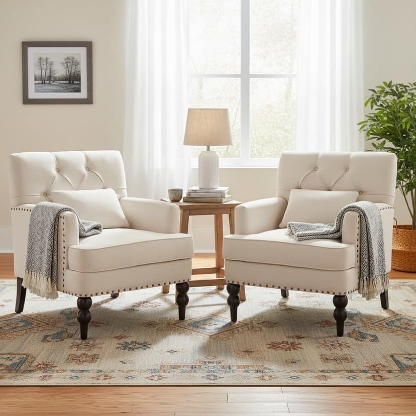 HUIMO Tufted Club Chair,Accent Chair with Lumbar Pillow, Upholstered Button Armchair, Linen Fabric Sofa Chairs for Bedroom, Living Room, Mid Century Modern with Studded Reading Chair Beige