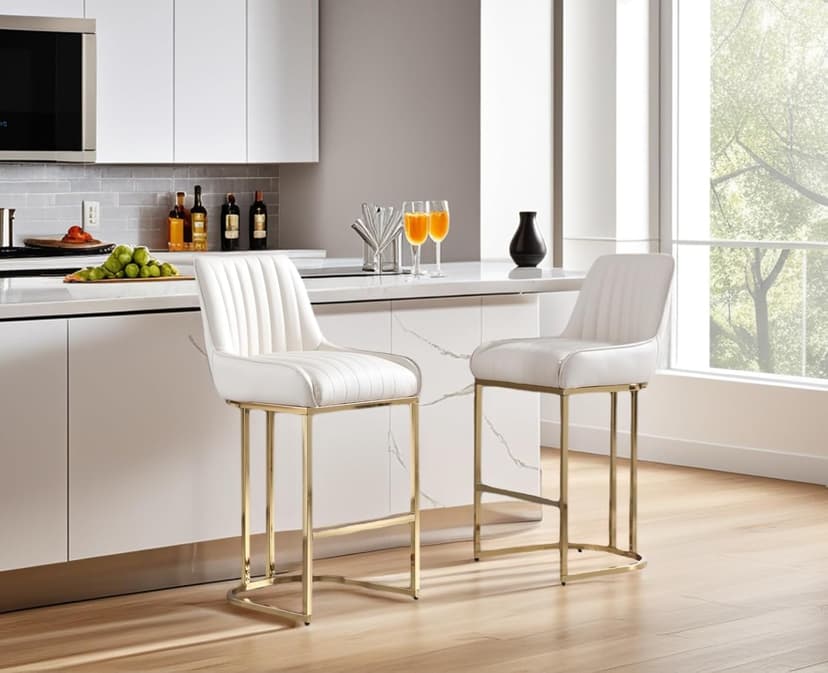 CIMOTA Counter Height Bar Stools Set of 2 with Back Modern Kitchen Counter Stools with Gold Legs Leather Island Chairs Comfy Stripe Barstools for Breakfast Bar, 26 Inch/PU Beige