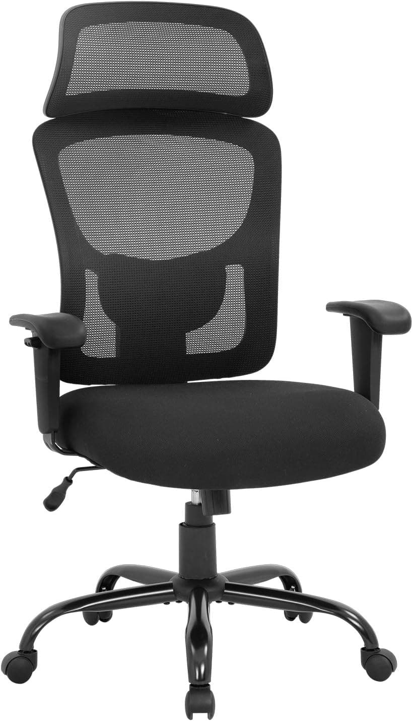 Big and Tall Office Chair Ergonomic Chair 400lbs Wide Seat Executive Desk Chair with Lumbar Support Adjustable Armrest Headrest High Back Mesh Computer Chair Rolling Swivel Task Chair(Black)
