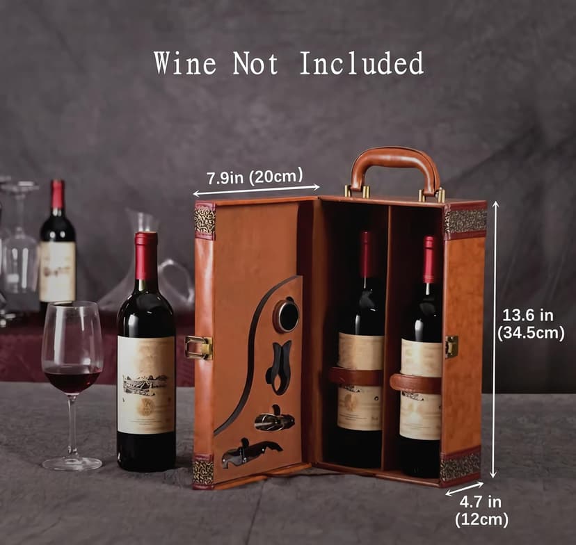 Wine Gift Box with 4 Wine Accessories Set,Portable Two Bottle Wine Carrier Case for Christmas,Wedding, Anniversary, Party,Vintage Leather Wine Storage Box for Home Bar Decor and Wine Collection