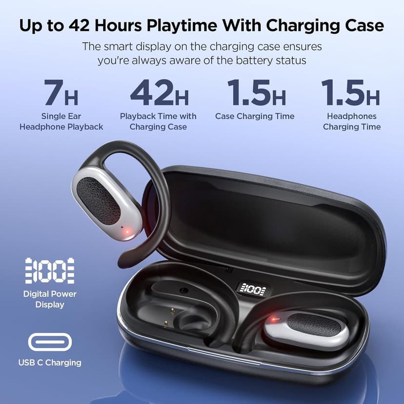 Open Ear Wireless Headphones Air Conduction Earbuds with Mic 42H Playtime Clear Calls LED Digital Display Over Earphones Lightweight Waterproof Secure Earhooks for PC Sports Running Game Business Work
