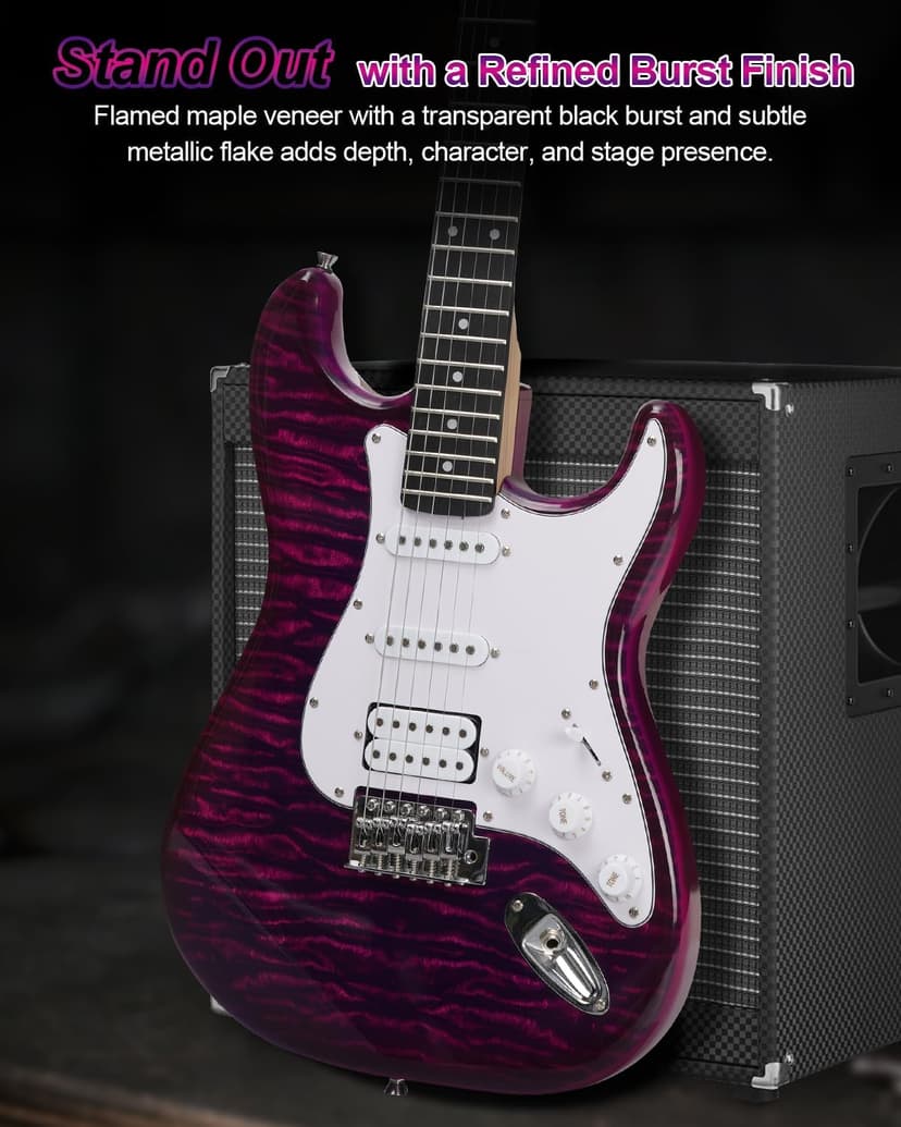 UST-200 Beginner Electric Guitar Kit HSS Pickup, Versatile 5-Way Switch for Clean to High-Gain Tone, Full-Size ST Style Guitar for Starter & Intermediate Players, Gig Bag, Digital Tuner Purple