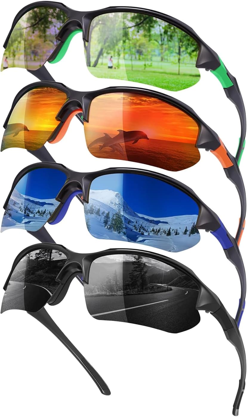 GGSTDDUP 4 Pack Polarized Sports Sunglasses for Men & Women | UV Protection Lightweight Wraparound Sunglasses for Outdoor