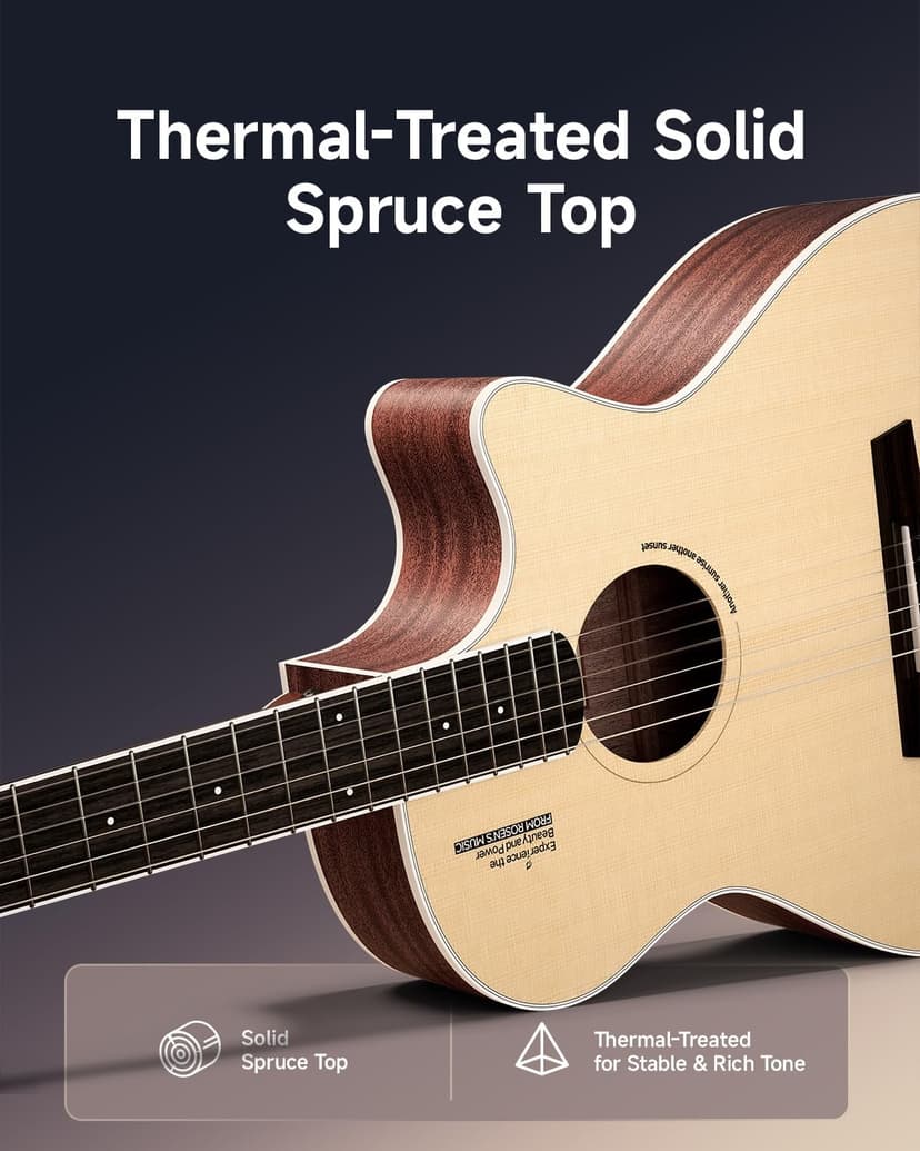 Rosen V1 Hybrid Acoustic Guitar for Beginners Adults Patented Body with Solid Spruce Top & Soft Touch Strings Thin Neck & Open Pore Matte 40 Inch,Black