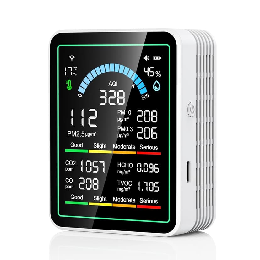 Air Quality Monitor Indoor, 10 in 1 Portable Smartair Quality Tester for CO2 | CO | TVOC | HCHO | Temp | AQI | PM0.3-1 Detection Suitable for Home, Cars, Plants, Pets and Hotels -White