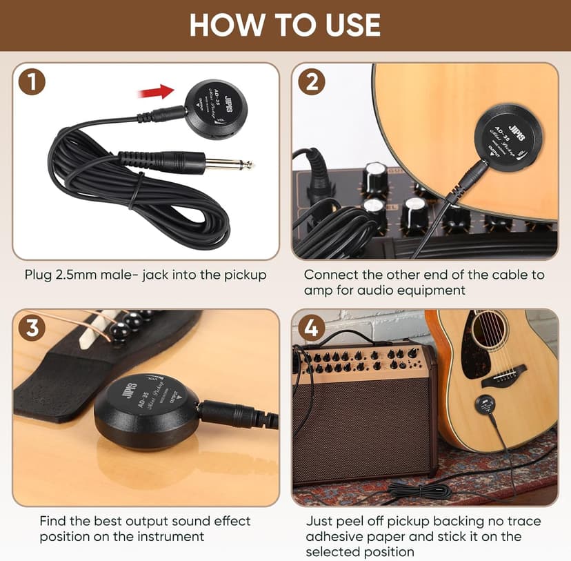 Universal Acoustic Guitar Pickup for Guitar, Ukulele, Mandolin, Violin,Canjo,Kalimba, Handpan,Surface-Adhesive Piezo Pickup with Volume Control