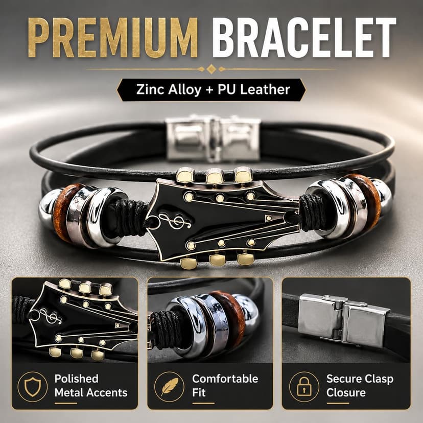 Retro Guitar Leather Bracelet for Man Women Unique Bead Braided Handmade Ethnic Tribal Cuff Multi-Layer Cords Wrap Music Shape Punk Rock Jewelry Gifts Wristband B0DXQF42VT