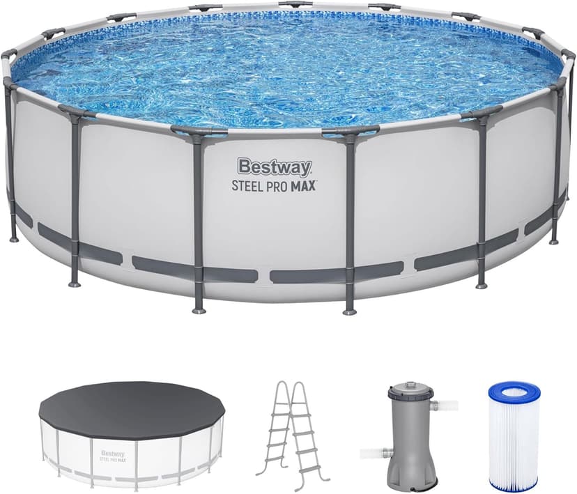 Bestway Steel Pro MAX 15' x 48" Above Ground Pool, Round Metal Frame Outdoor Swimming Pool Set with Filter Pump, Ladder, and Cover, Gray