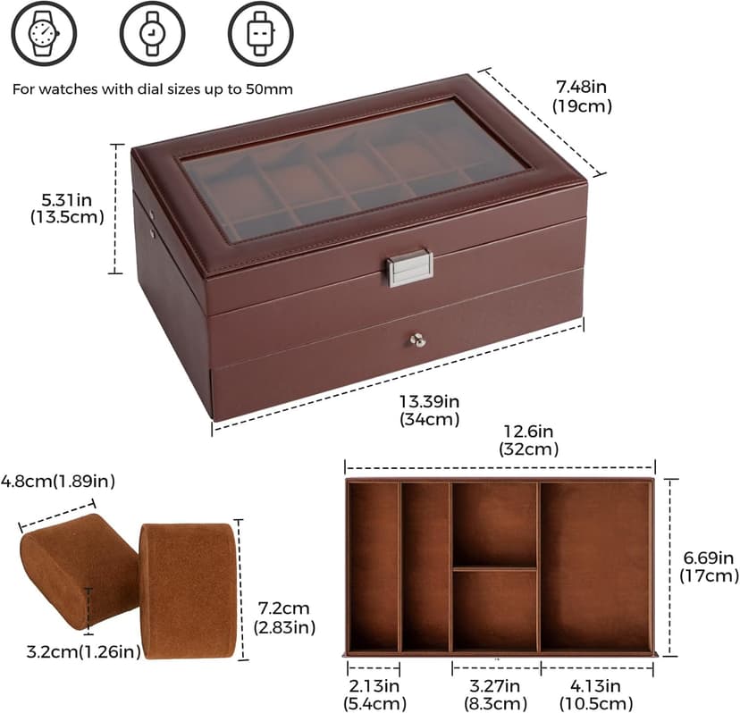 ProCase ProCase Watch Box, 12 Slot Mens Watch Case With Drawer, 2-Layer Watch Display Case With Glass Lid, Mens Jewelry Box Storage Holder Organizer, Birthday Valentine Gifts for Men -12Slot, Espresso