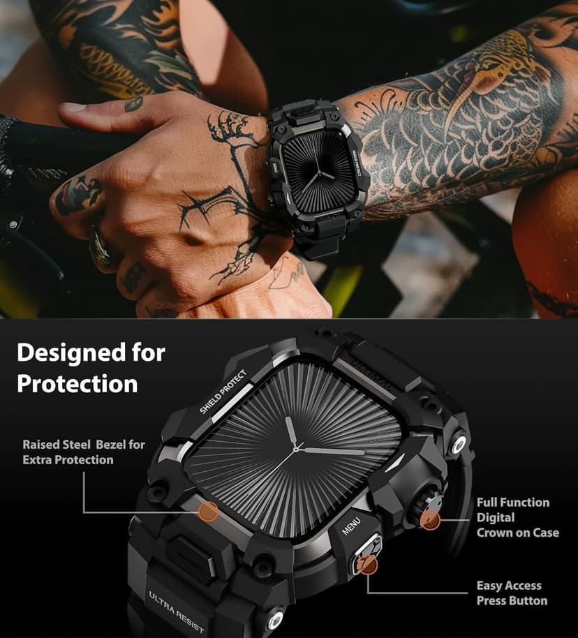 ULTIMAL Rugged Case with Band for Apple Watch 46mm,Compatible with Apple Watch Series 11/10, Military Grade Shockproof Bumper Cover for iWatch Tactical Band Men (Black, 46mm)