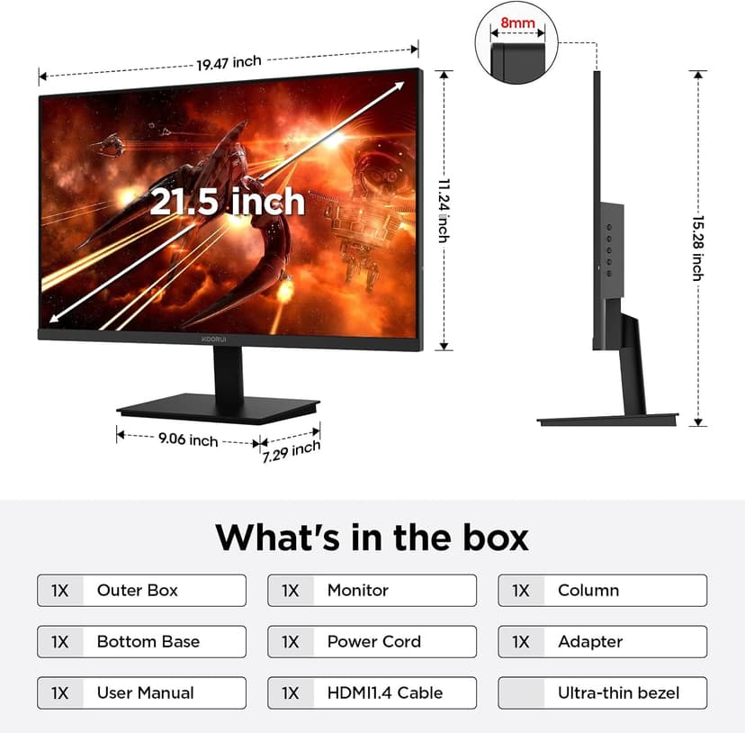 KOORUI Computer Monitor 22 Inch PC Gaming Full HD 1080P 100Hz VA Panel LCD Display with Adpitive sync (HDMI/VGA/VESA 100x100mm/Audio Out)